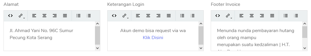 Alamat | Keterangan Login | Footer Invoice